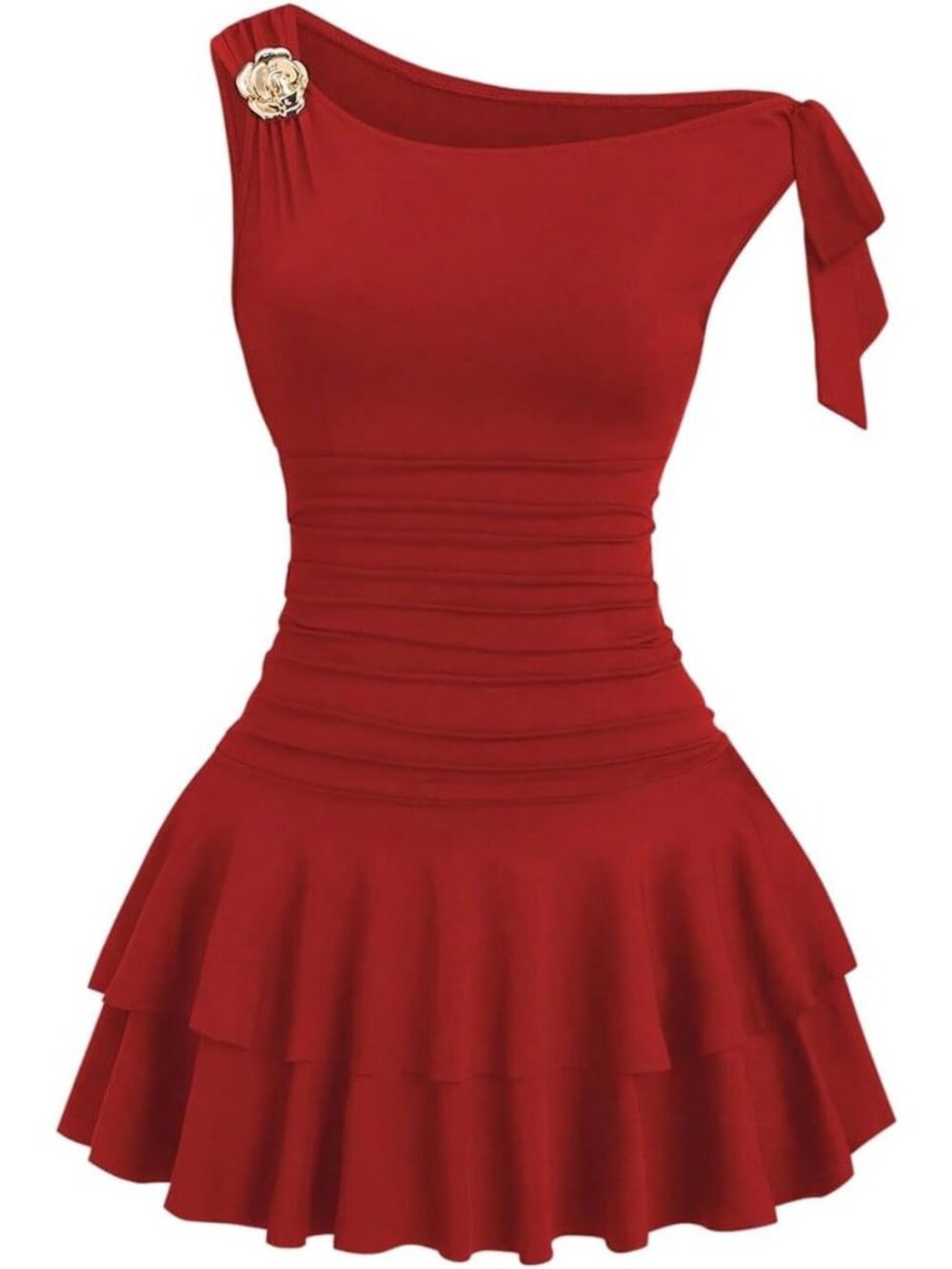 Women Red Mini Dress One Shoulder Metal Floral Sleeveless Layered Hem Going Out